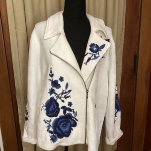 Chico's White Teddy Jacket with Blue Floral Design